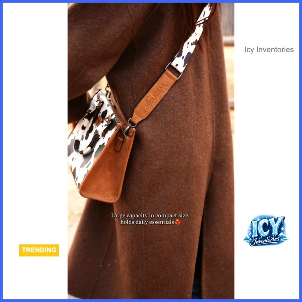 Western Retro Top Handle Tote Bag with Cow Print and Whipstitch Details - Picture 7 of 7